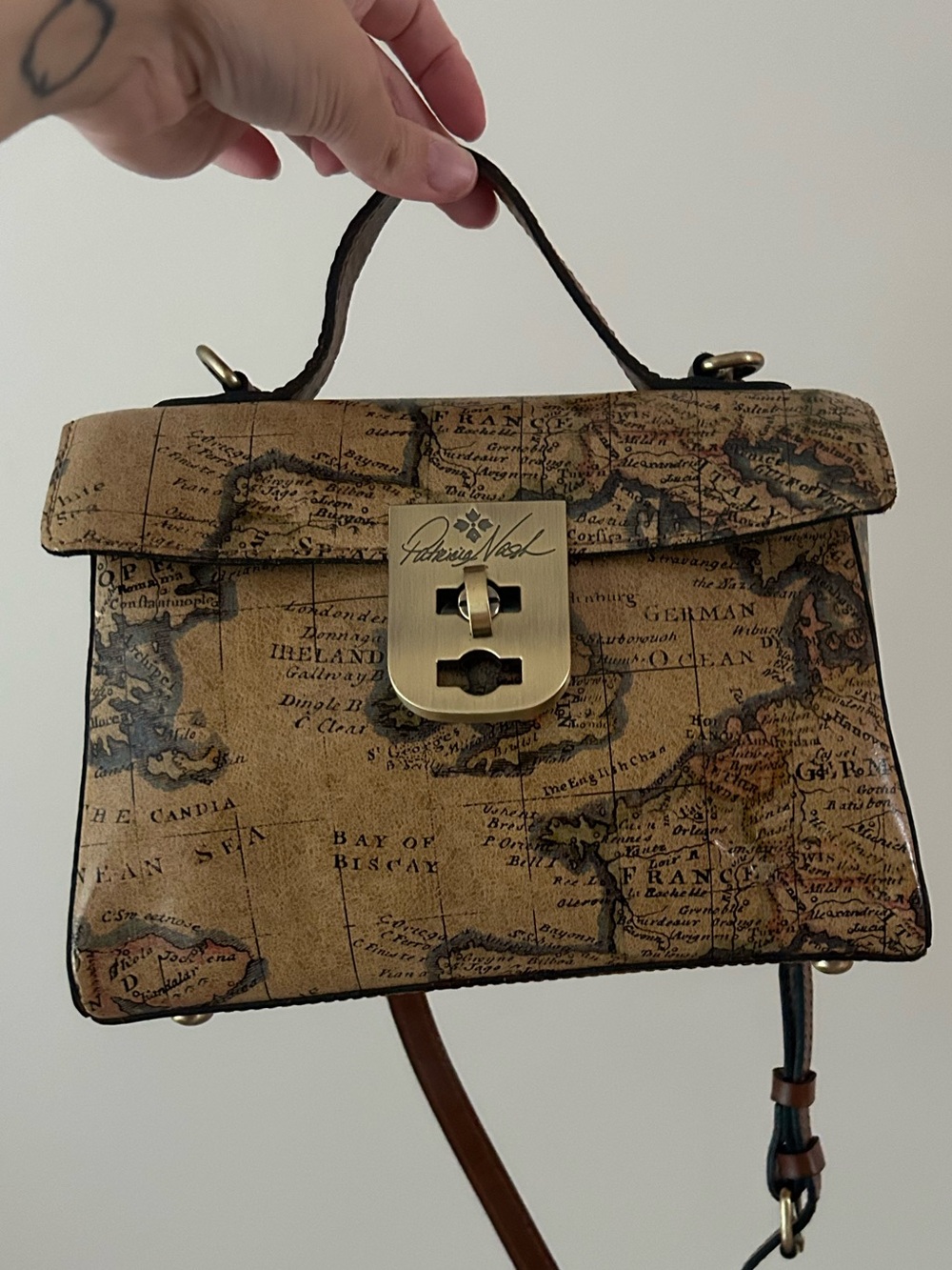 Patricia Nash Tan Map-Print Top-Handle Messenger Bag